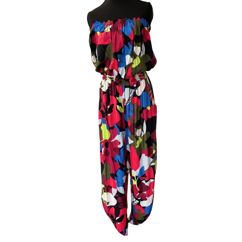 Bar III Strapless Harem Jumpsuit Womens Large‎ Multicolor Floral Rayon Strapless
